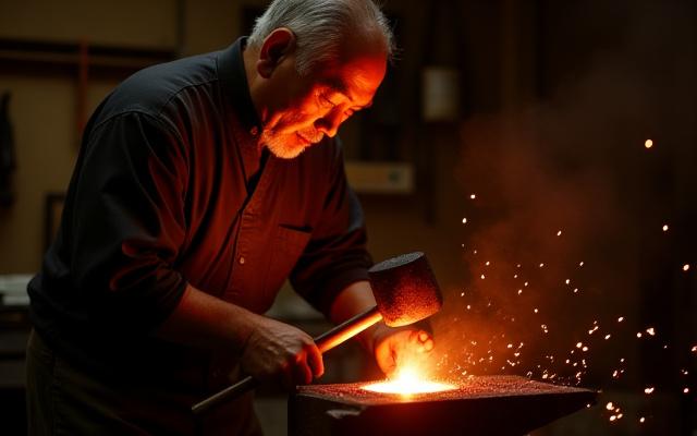熱く赤熱した金属をハンマーで鍛造する日本の職人