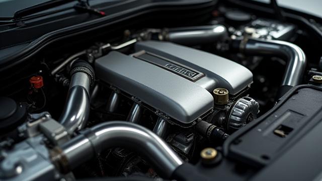 高性能スポーツカーのエンジンルーム内にあるカスタム鍛造部品